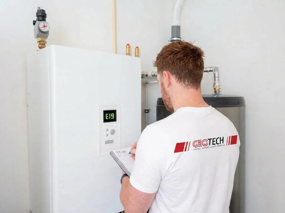 Photo professionnelle en chantier montrant un responsable ou artisan GEOTECH en gilet de chantier discutant avec un client ou coordinateur dans un intérieur en rénovation. L'arrière-plan doit montrer plusieurs types d'équipements ou d'installations en cours (parties de chauffage, électricité, sanitaire visibles), symboles des "multiples lots" gérés. La scène doit transmettre confiance, professionnalisme, et simplicité de communication entre l'entreprise et le client.